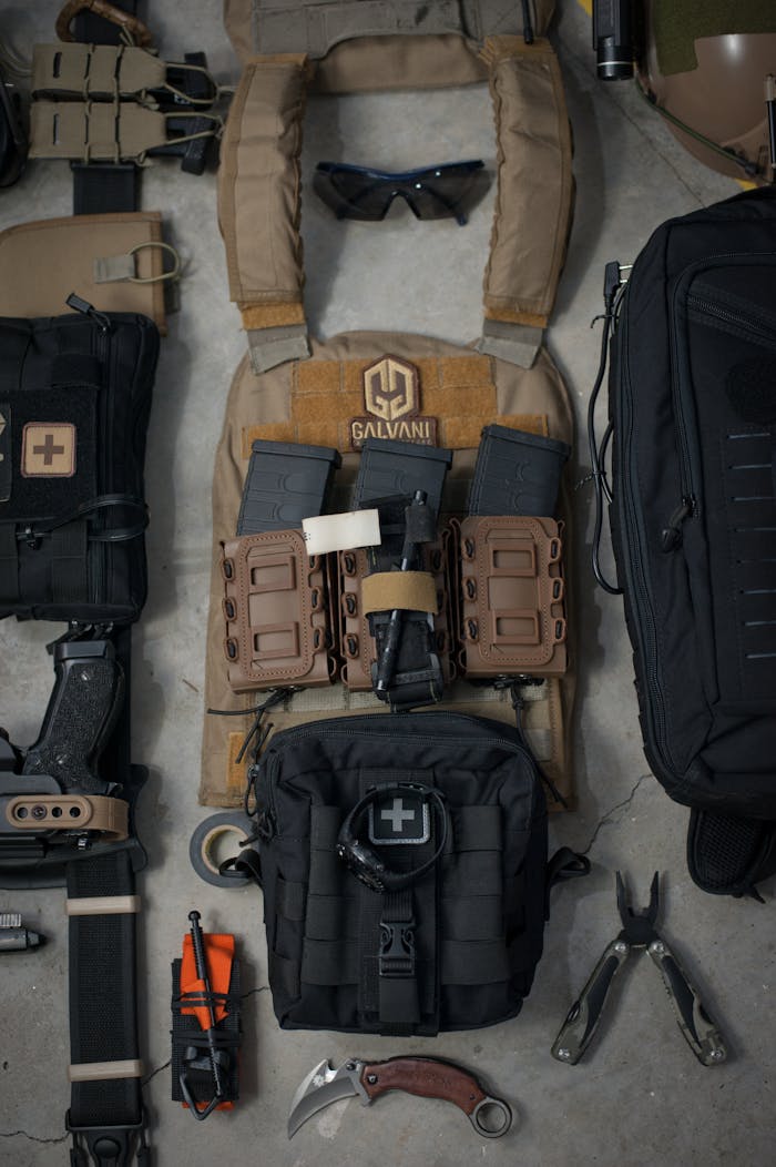 Services Top view of tactical gear and accessories including pouches, tools, and eyewear.